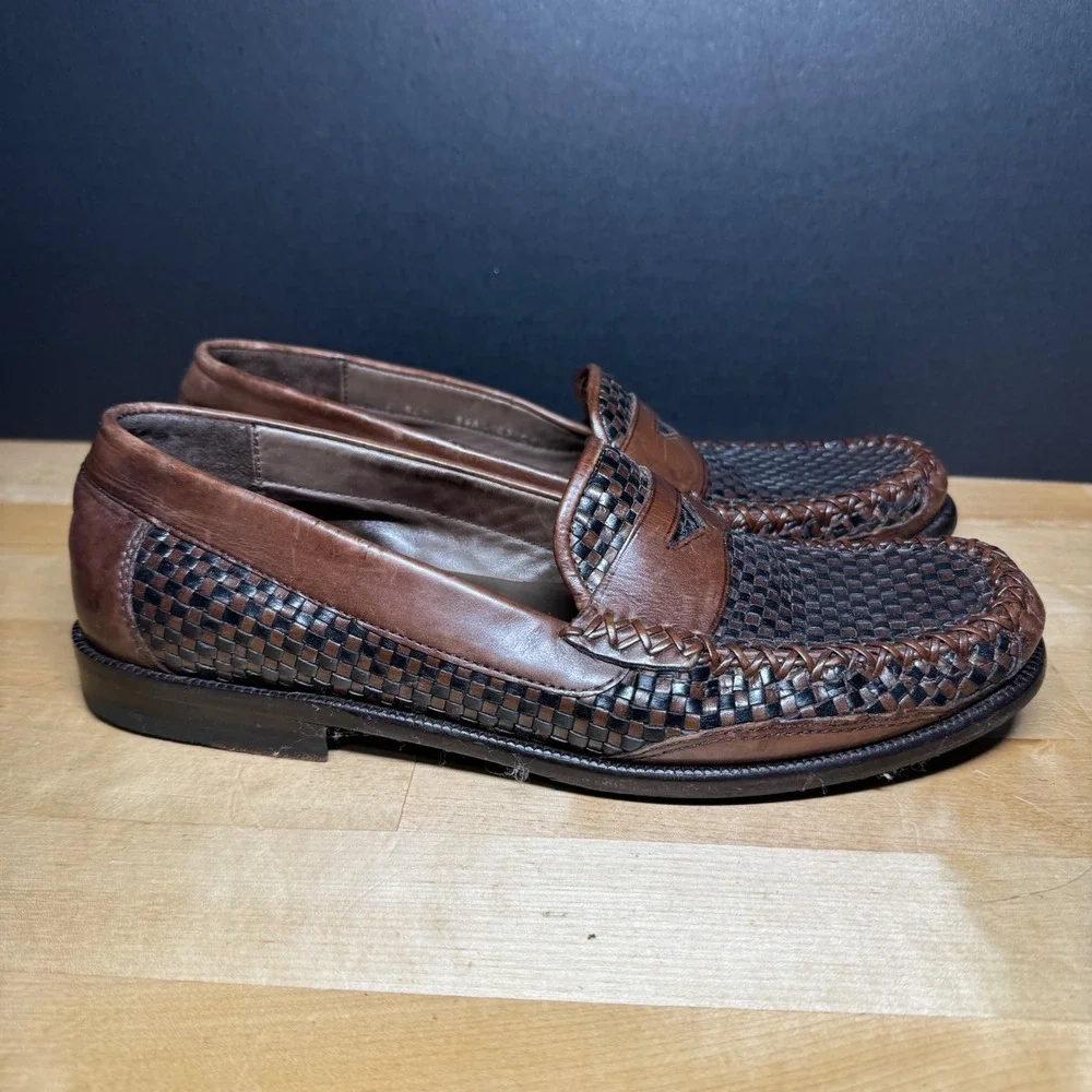 Cole Haan Country Mens 8.5 A Woven Leather Penny Loafers Brown Black F 9439